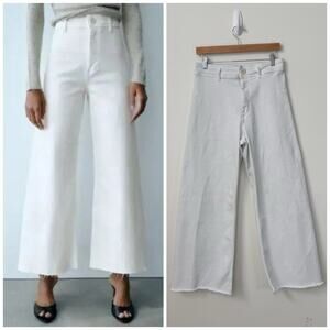 Zara The Marine Straight High Rise Straight Jeans Size 10 White Raw Hem
